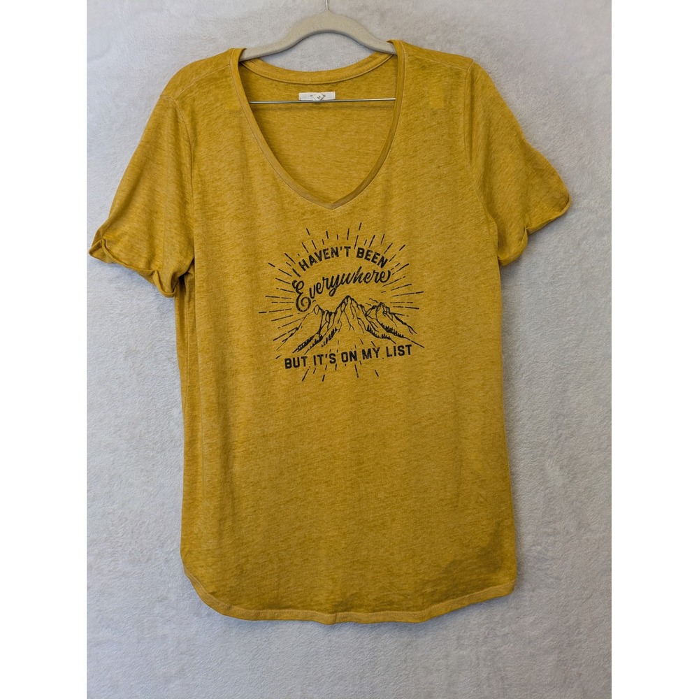 Maurices Women's Size M Mustard Yellow‎ V-Neck T-Shirt Mountain Graphic Travel
